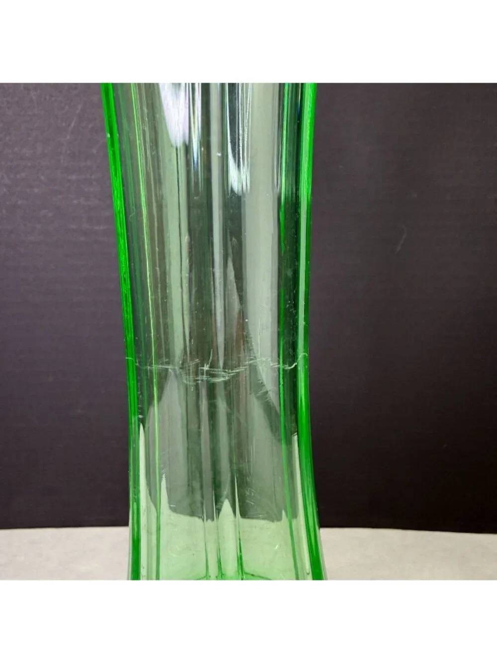 Vintage Uranium Green Glow Glass Ruffle Top Ribbed Vase 10 Inch